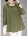Solid Pleated 3/4 Sleeve Crew Neck Casual Blouse