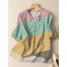 Women Ditsy Floral Print Patchwork Frill Neck Split Hem Blouse