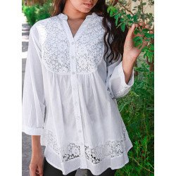 Lace Panel Button Front 3/4 Sleeve V-neck Blouse