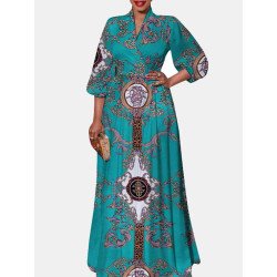 Tribal Pattern 3/4 Sleeve V-neck Maxi Dress For Women