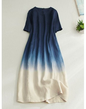 Ombre Print Crew Neck Casual Short Sleeve Dress With Pocket