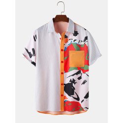 Mens Striped Graffiti Print Patchwork Pocket Short Sleeve Shirts
