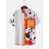 Mens Striped Graffiti Print Patchwork Pocket Short Sleeve Shirts