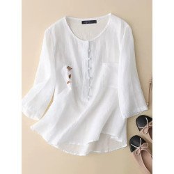 Women Embroidered Pocket Half Button Casual 3/4 Sleeve Blouse