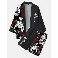 Mens Japanese Rose Print Open Front Kimono Loose Two Pieces Outfits