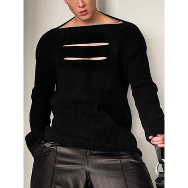 Mens Front Cutout One Word Collar T-shirts