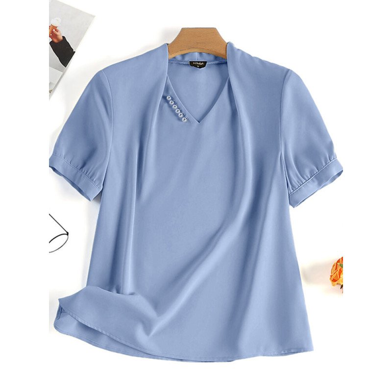 Women Solid V-Neck Pearls Detail Casual Short Sleeve Blouse