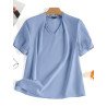 Women Solid V-Neck Pearls Detail Casual Short Sleeve Blouse