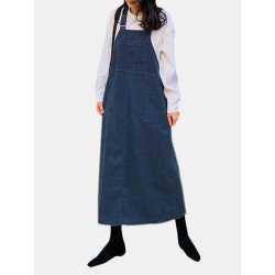 Vintage Corduroy Solid Color Pockets Back Slit Hem Strap Dress