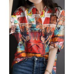 Print Lapel Half Sleeve Blouse For Women