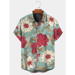 Mens Allover Floral Print Lapel Hawaiian Vacation Short Sleeve Shirts