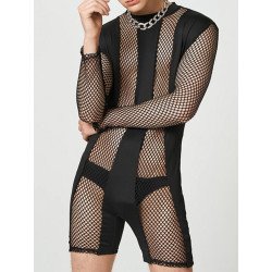 Mens Fishnet Patchwork Crew Neck Long Sleeve Bodysuit