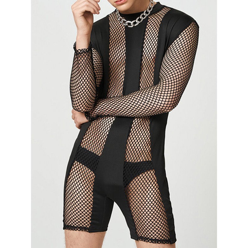 Mens Fishnet Patchwork Crew Neck Long Sleeve Bodysuit