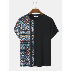 Mens Colorful Geometric Print Patchwork Ethnic Short Sleeve T-Shirts
