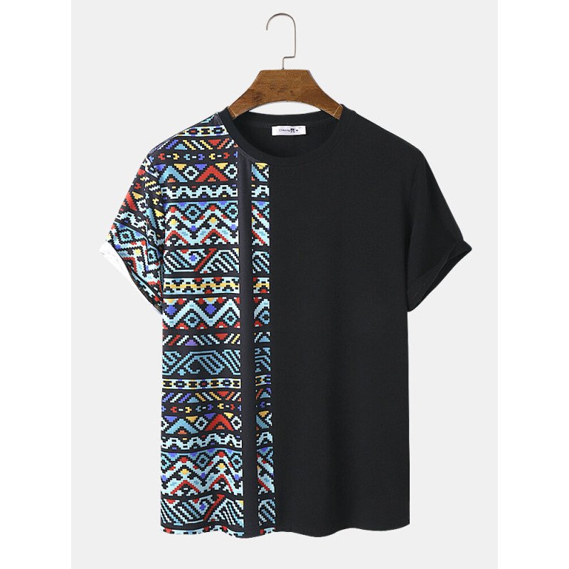Mens Colorful Geometric Print Patchwork Ethnic Short Sleeve T-Shirts