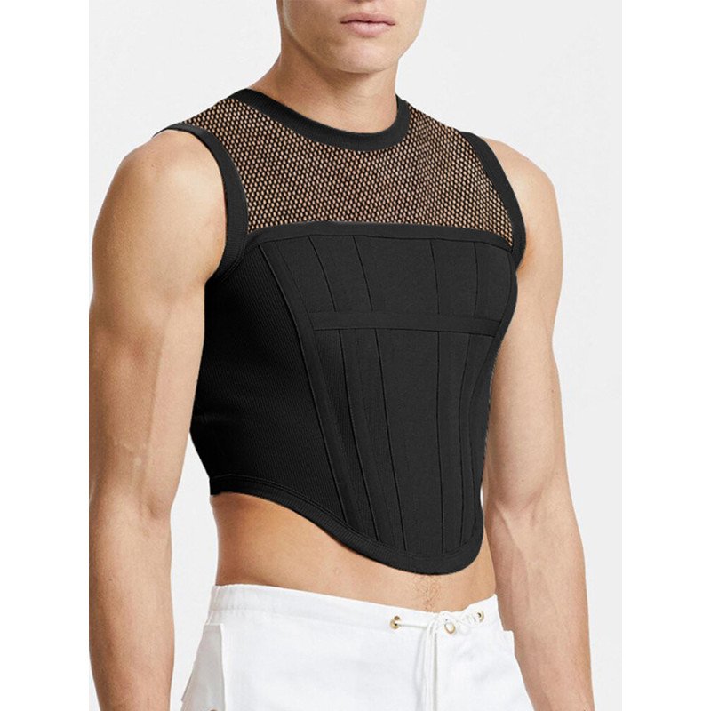 Mens Mesh Patchwork Elastic Curved Hem Tank Top