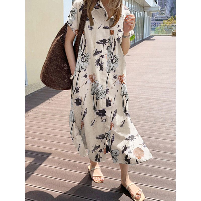 Cottagecore Plant Print Pocket Button Short Sleeve Shirt Dress