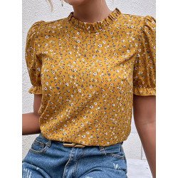 Women Ditsy Floral Print Frill Trim Puff Sleeve Blouse