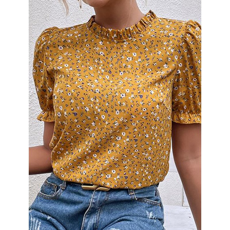 Women Ditsy Floral Print Frill Trim Puff Sleeve Blouse