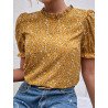 Women Ditsy Floral Print Frill Trim Puff Sleeve Blouse