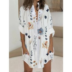 Women Floral Plant Print Half Button 3/4 Sleeve Longline Shirt
