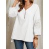 Solid Lace Stitch Button V-neck Long Sleeve Blouse Women