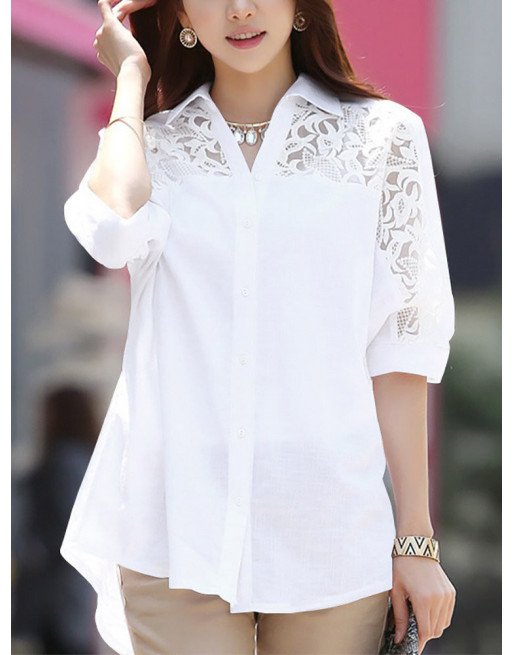 Lace Panel Solid Button Front Lapel Half Sleeve Shirt