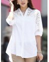 Lace Panel Solid Button Front Lapel Half Sleeve Shirt