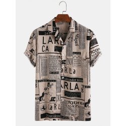 Mens 65% Cotton Fun Newspaper Print Casual Holiday Short Sleeve Shirt