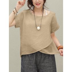 Solid Tulip Hem Short Sleeve Fake Two Pieces Blouse