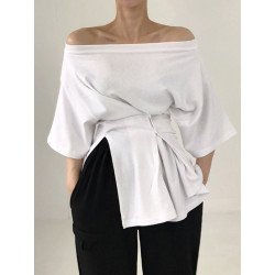 Solid Button Waist Slit Short Sleeve Crew Neck Loose T-shirt