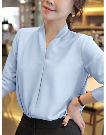 Solid Long Sleeve V-neck Blouse For Women