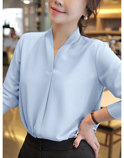 Solid Long Sleeve V-neck Blouse For Women