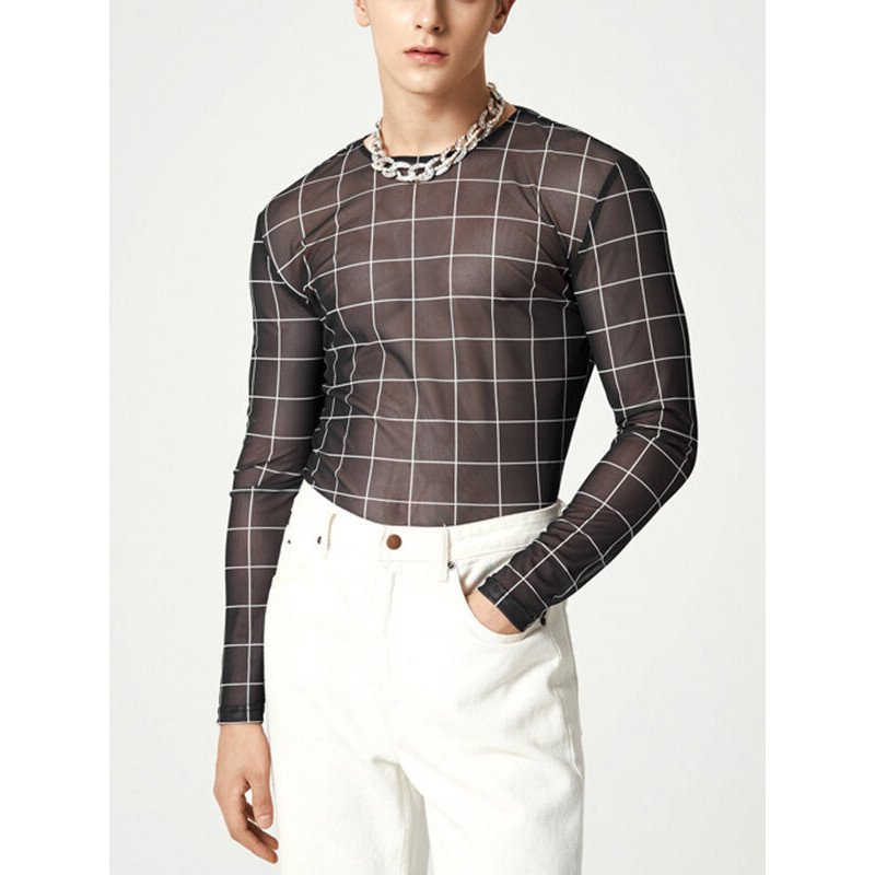 Mens Plaid Mesh See Through Long Sleeve T-shirt