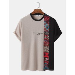 Mens Letter Ethnic Asymmetric Print Short Sleeve O Neck T-Shirts