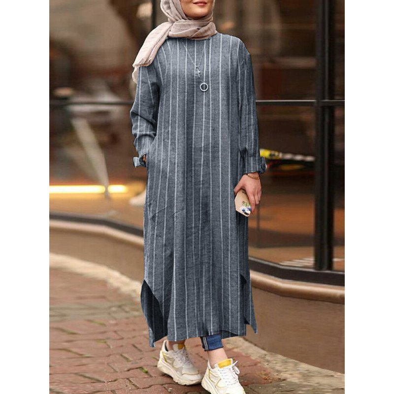 Striped Split Hem Plus Size Casual Dress with Pockets