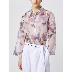 Mens Butterfly Print See Through Lapel Button Up Shirt