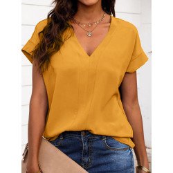 Women Solid Seam Detail V-Neck Casual Short Sleeve Blouse