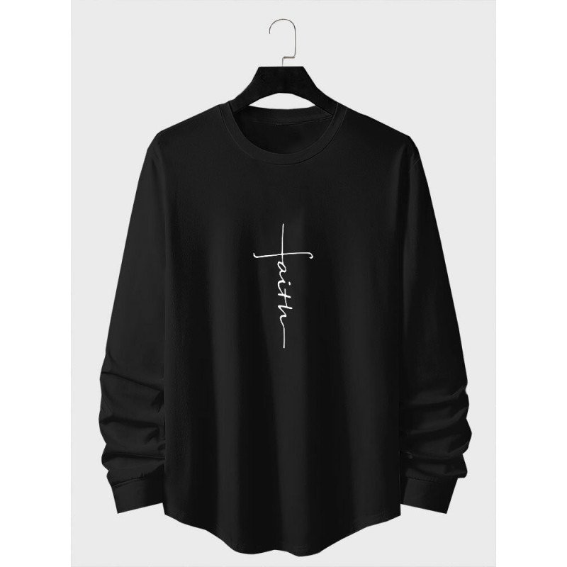 Mens Script Letter Print Curved Hem Long Sleeve T-Shirts