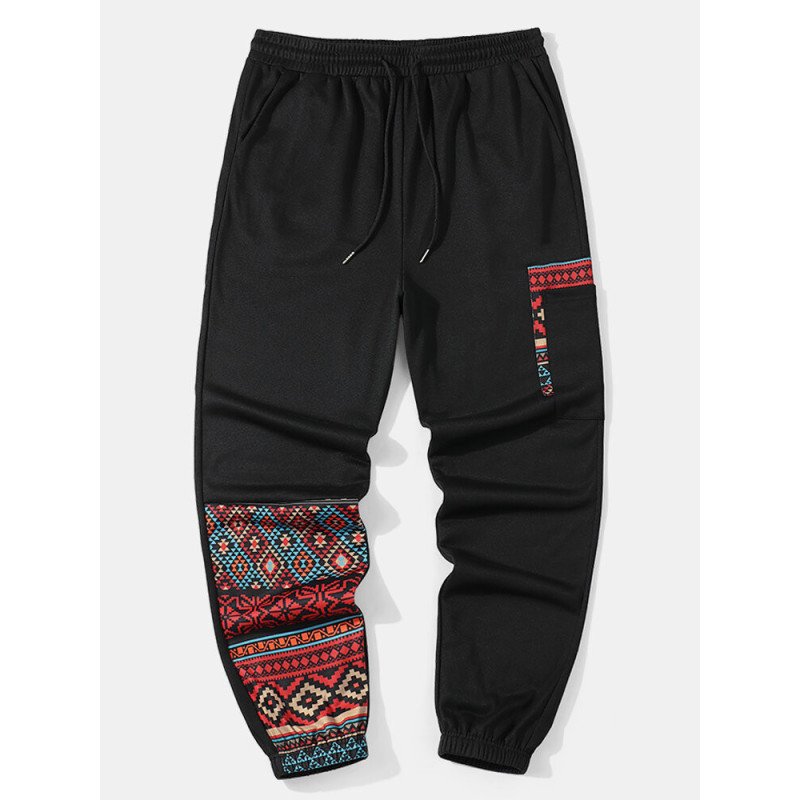 Mens Ethnic Geometric Print Patchwork Loose Drawstring Sweatpants