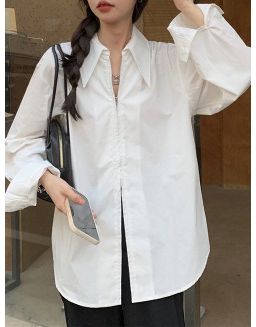Solid Zip Front Slit Hem Long Sleeve Lapel Loose Blouse