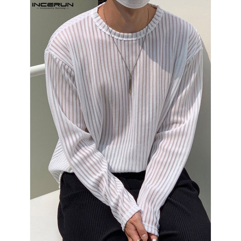 Mens Pleated Mesh Striped Long Sleeve T-Shirts