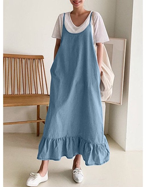 Solid Ruffle Hem Sleeveless Strap Denim Maxi Dress