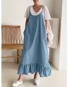 Solid Ruffle Hem Sleeveless Strap Denim Maxi Dress