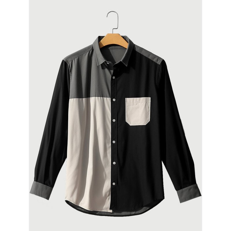 Mens Color Block Patchwork Button Up Casual Long Sleeve Shirts