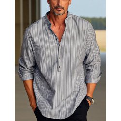 Mens Striped Stand Collar Half Button Long Sleeve Henley Shirts
