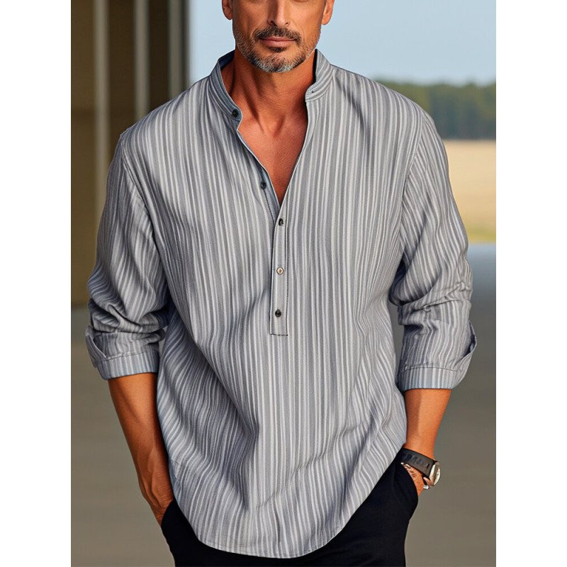 Mens Striped Stand Collar Half Button Long Sleeve Henley Shirts