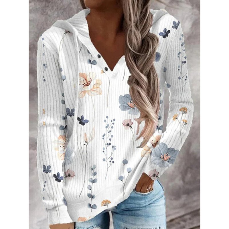 Women Allover Floral Plant Print Long Sleeve Drawstring Hoodie