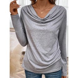 Women Plain Cowl Neck Casual Long Sleeve T-Shirt