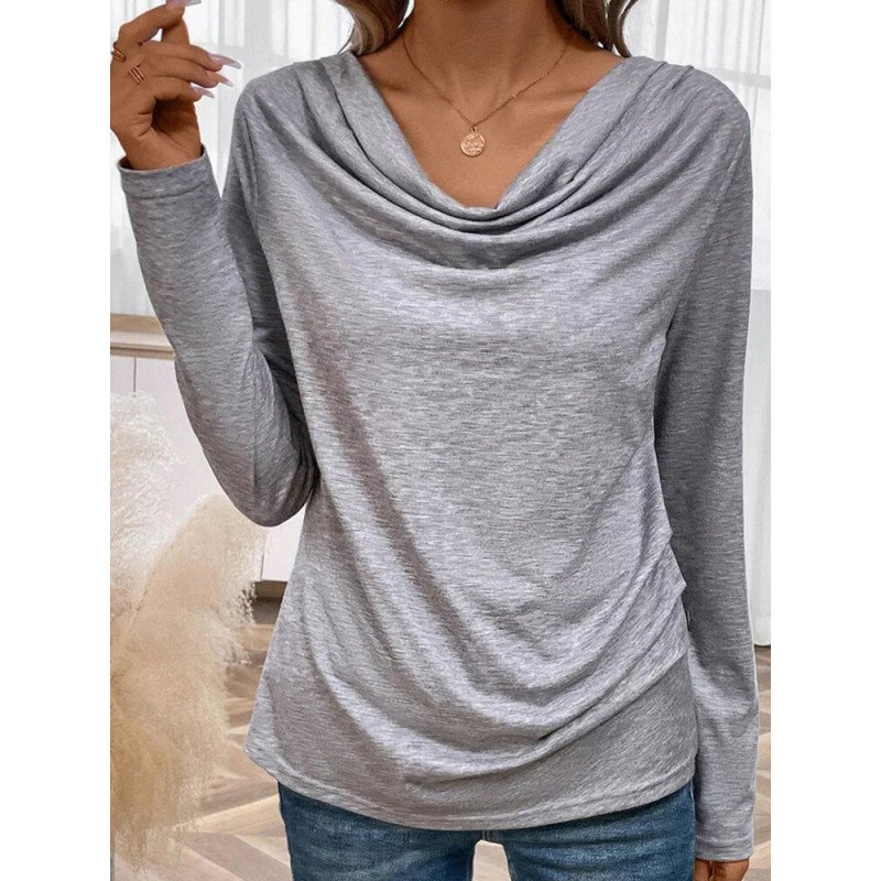 Women Plain Cowl Neck Casual Long Sleeve T-Shirt